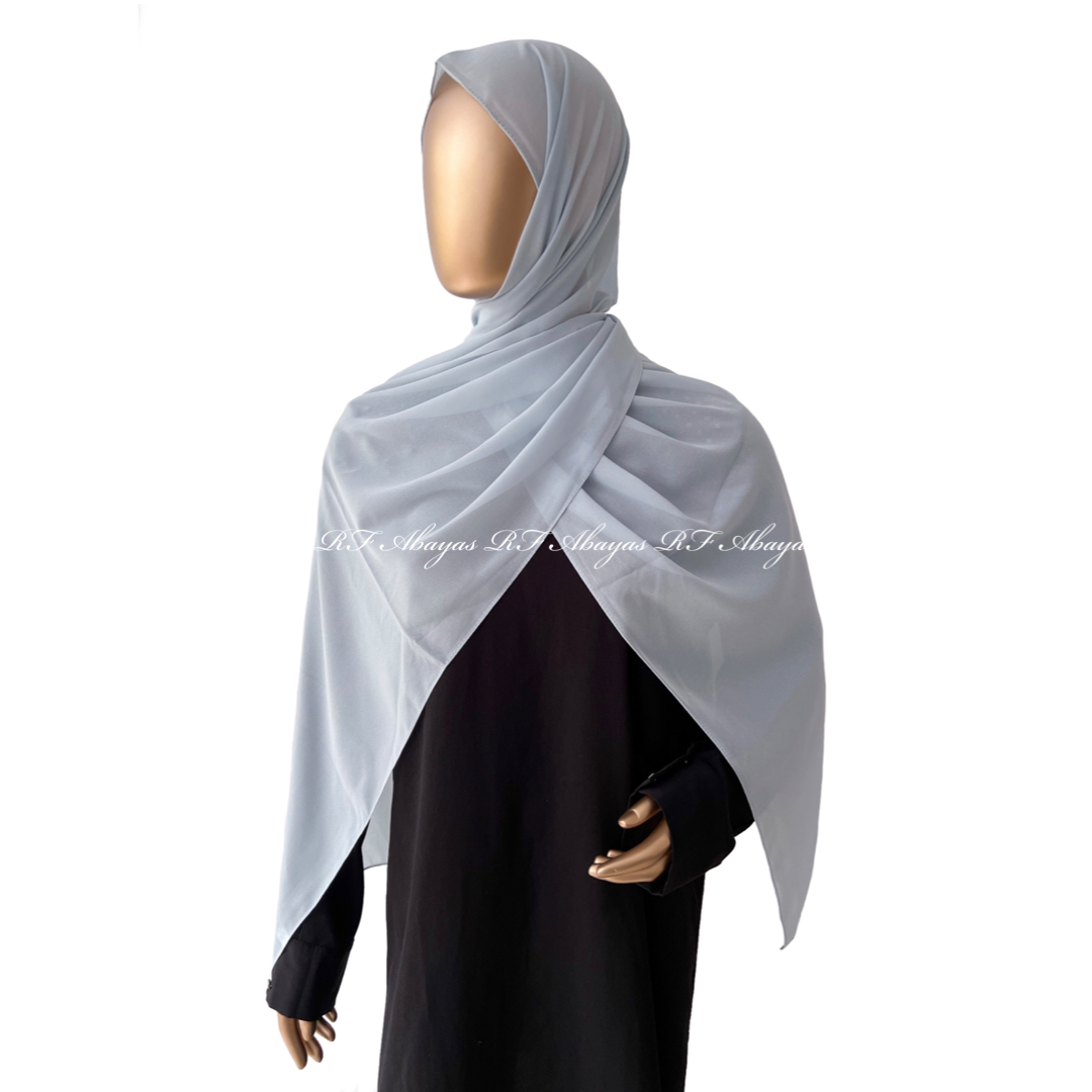 RF Abayas premium Malaysian Georgette hijab in slate color, showcasing lightweight, elegant fabric with draping quality.