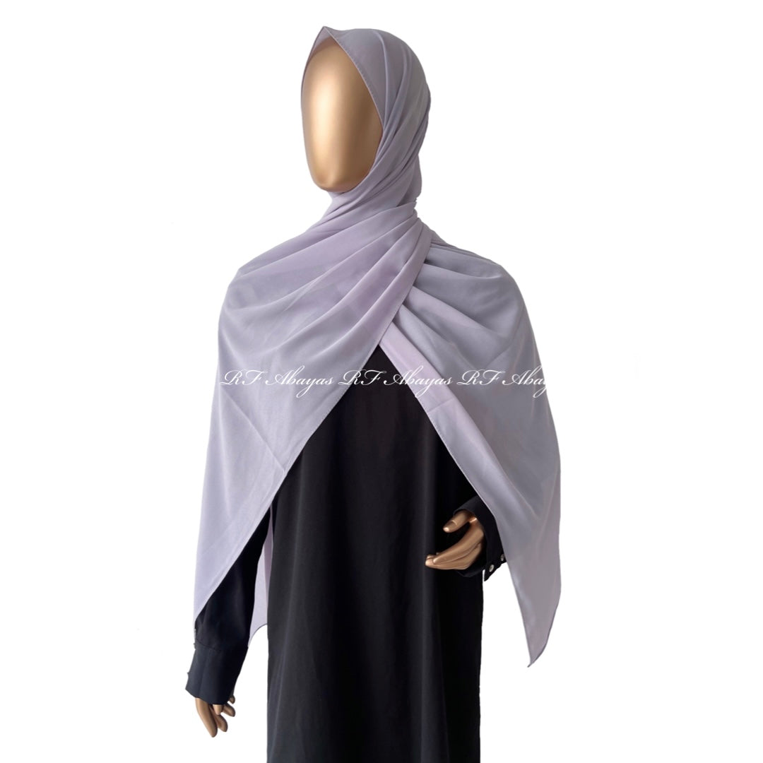 RF Abayas premium Malaysian Georgette hijab in slate color displayed, showcasing soft, lightweight fabric and elegant drape.