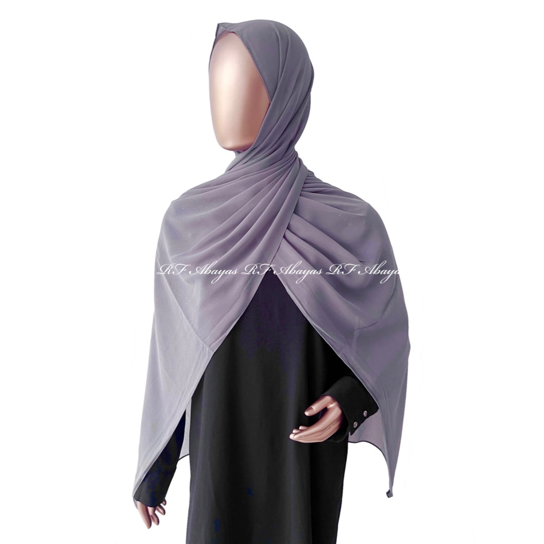 RF Abayas premium Malaysian Georgette hijab in slate color, showcasing soft, lightweight fabric and elegant drape.