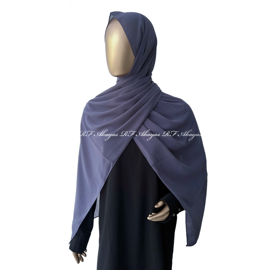 RF Abayas premium Malaysian Georgette hijab in slate color, showcasing soft, lightweight fabric and elegant drape.