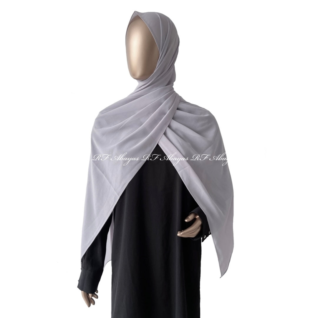 RF Abayas premium Malaysian Georgette hijab in slate color, showcasing smooth, lightweight fabric draped elegantly.