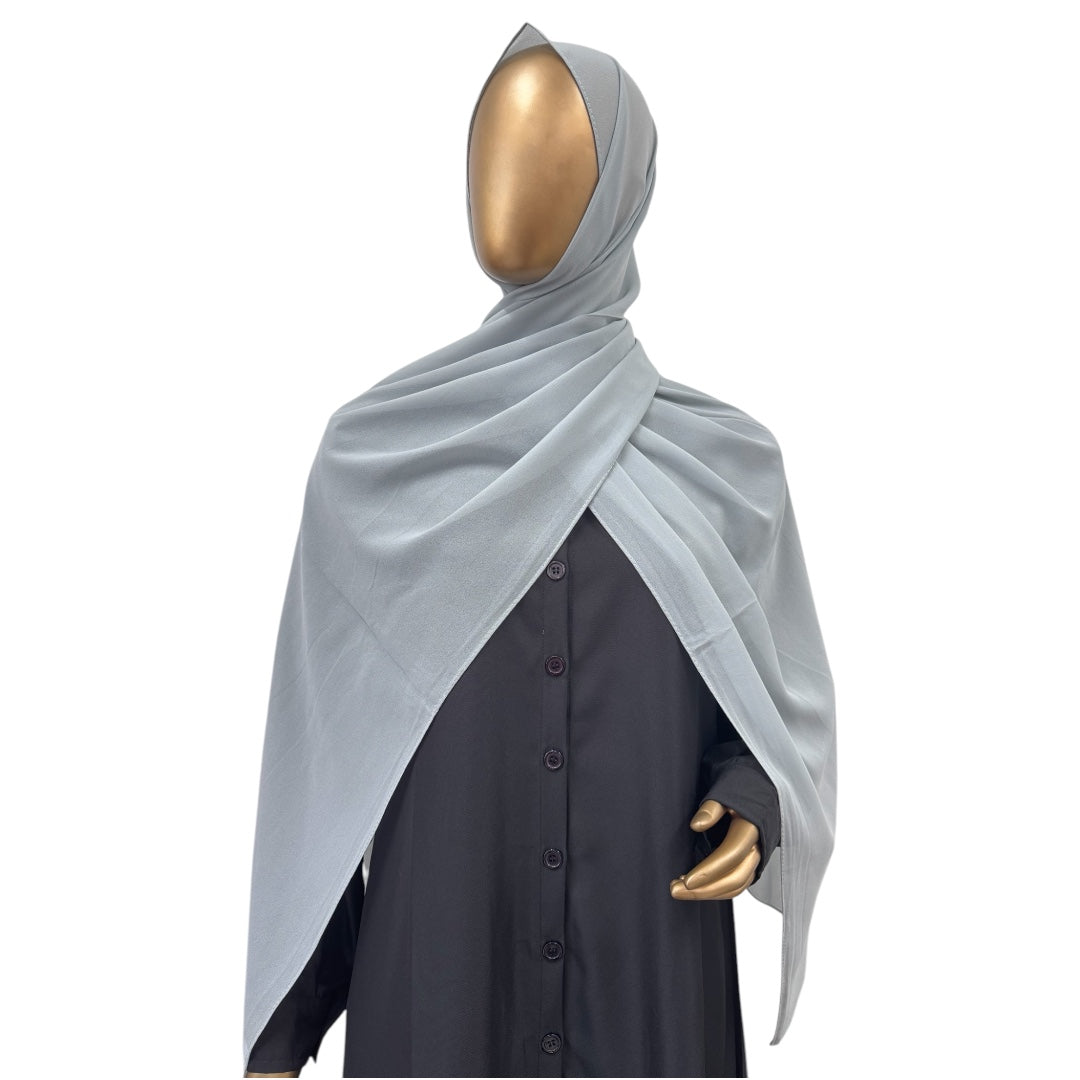 Slate-colored RF Abayas hijab made from premium Malaysian Georgette fabric, showcasing elegant drape and lightweight texture.