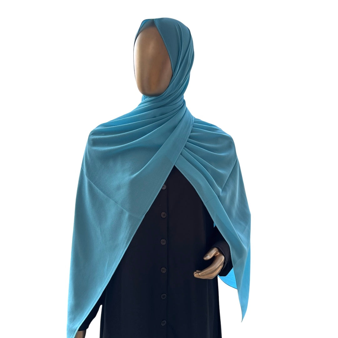 Slate-colored RF Abayas premium Malaysian Georgette hijab draped elegantly, showcasing soft, lightweight fabric and smooth texture.