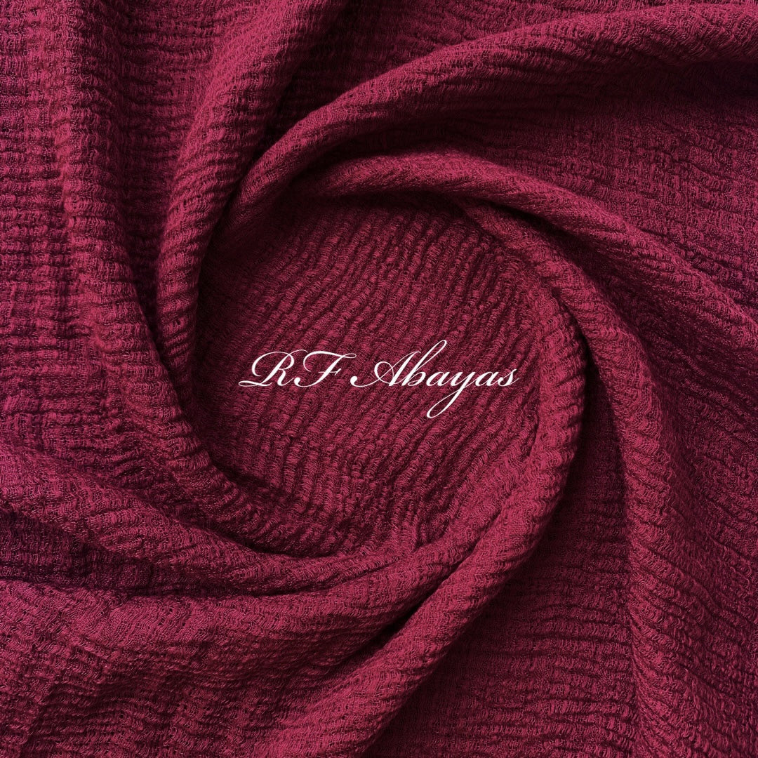 Heavy crinkled cotton hijab in maroon, textured, lightweight fabric with elegant drape - RF Abayas & Hijabs