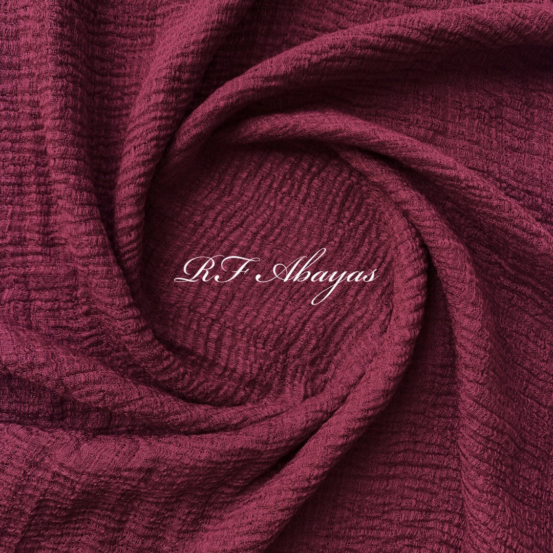 Heavy crinkled cotton hijab in maroon by RF Abayas, featuring textured, breathable fabric for a stylish, comfortable look.