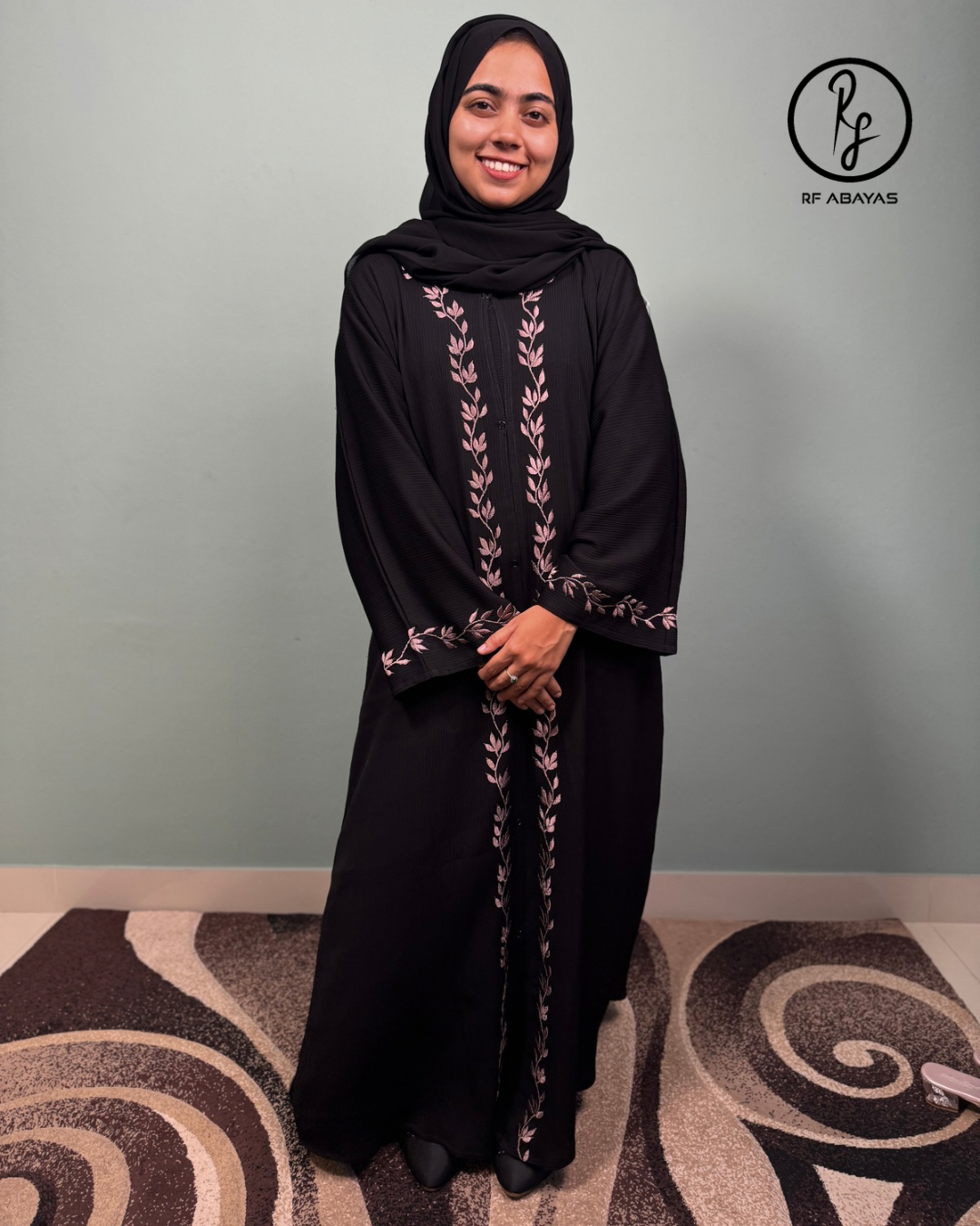 Zoom Abaya with Dusty Pink Leaf Embroidery - view 2 - RF Abayas & Hijabs