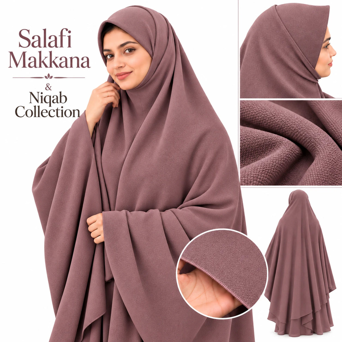 Woman wearing a dusty plum Salafi Makkana khimar with fabric close-ups, Salafi Makkana & Niqab Collection by RF Abayas & Hijabs
