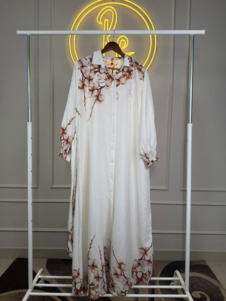 White Maxi Dress with Brown Floral Prints - 56” length, XL and 2 XL