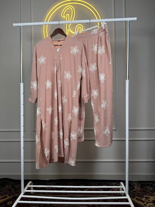 Women’s Floral Embroidered Cord Set in Imported Crepe Fabric – 45 Inch Long Top with Matching Pants Fit Up to XXL