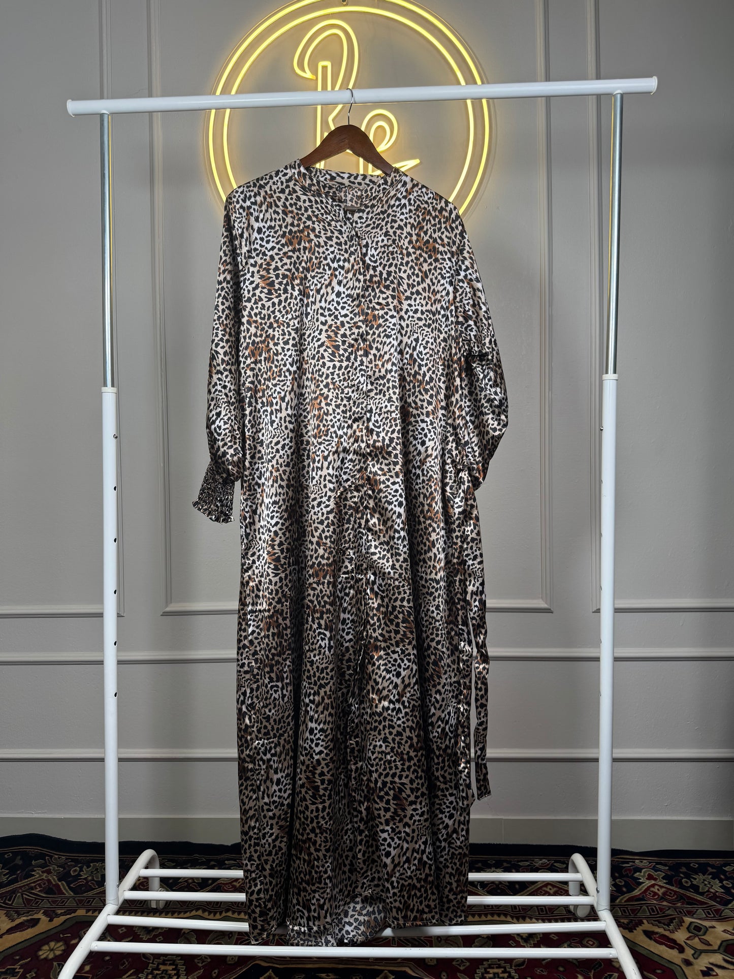 Women’s Leopard Print Maxi Dress with Smocked Sleeves – 56 Inch Long Modest Flowy Maxi Dress Fit Up to 4XL