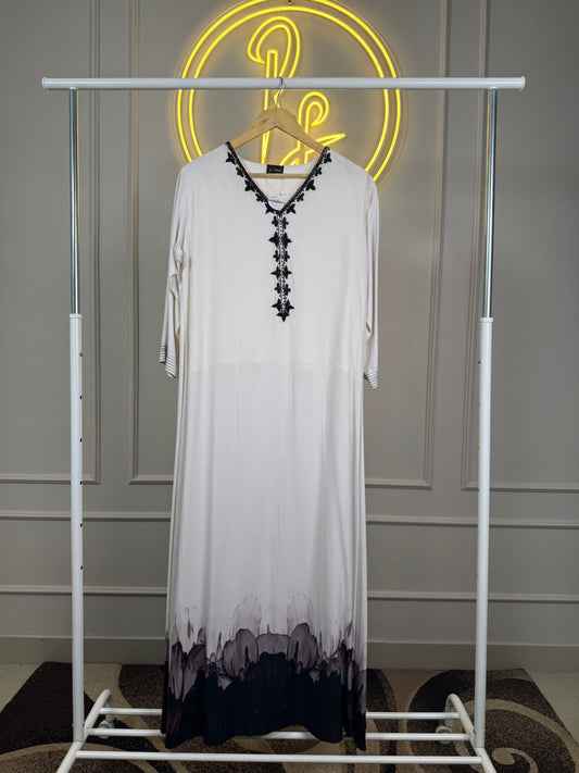 Elegant V-Neck Maxi Dress with Beadwork & Floral Hem – 56” Length | Sizes L, XL, XX