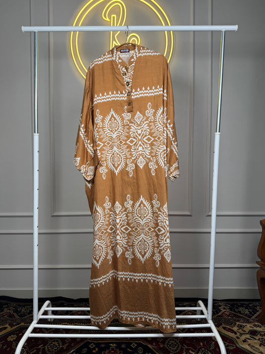 Summer Friendly Printed Linen Slub Kaftan Maxi Dress – Full Sleeve - 56” Length