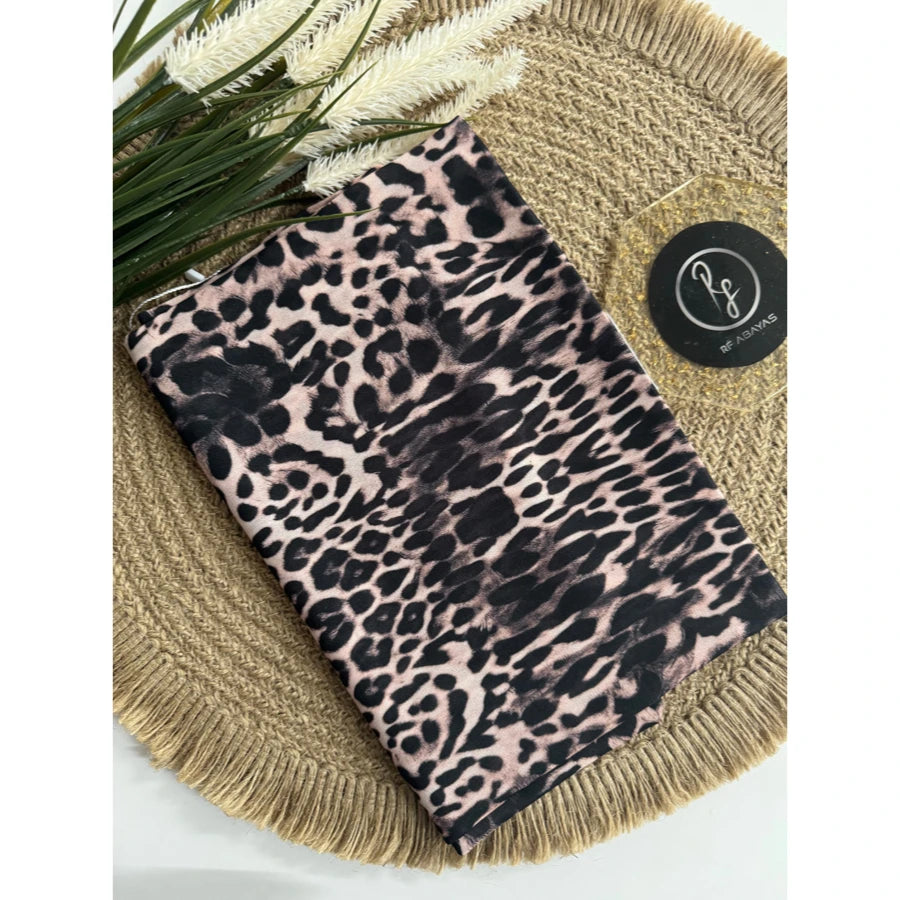 RF Abayas animal print chiffon hijab featuring a flowing, lightweight fabric with bold animal pattern and elegant drape.