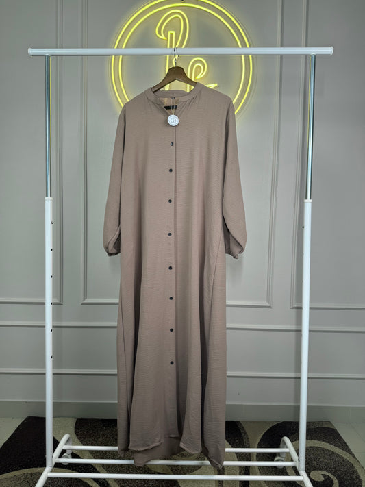 Imported CEY Crush Maxi Dress - 55” Length - Chinese Neck - Taupe