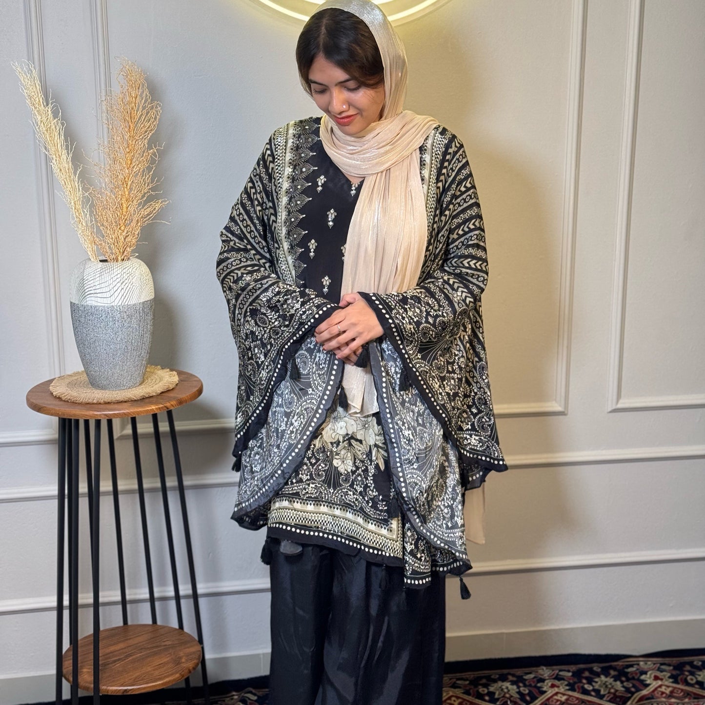 Black Printed Crepe Party Wear Tunic & Palazzo Set with Tassel Detail – M