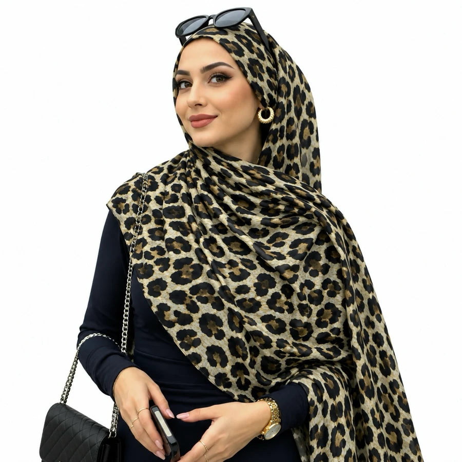 Sand Leopard double sided animal print chiffon hijab – leopard print hijab scarf 200 x 70 cm | RF Abayas