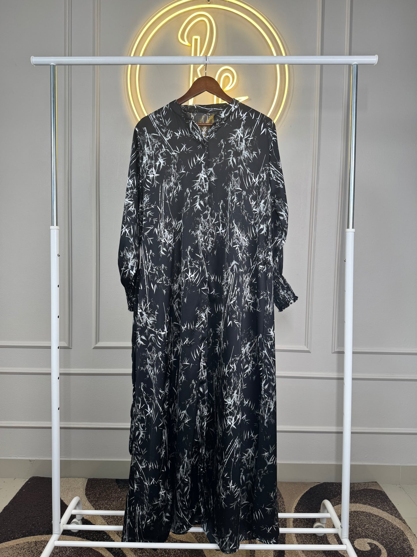 🖤 Black Bamboo Print Maxi Dress – Front Open Style - 56” Length - 2XL & 3 XL