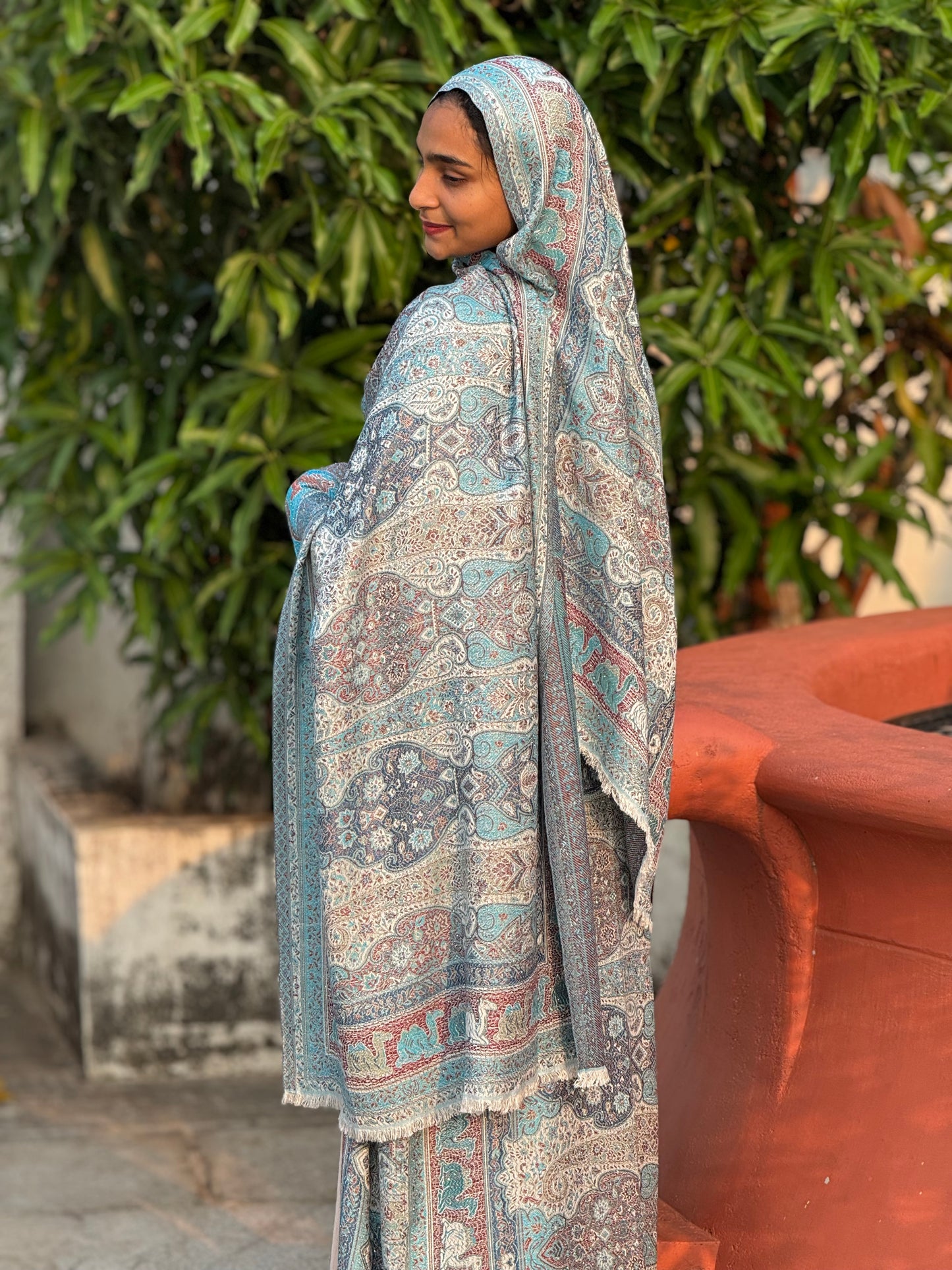 Pashmina Printed Abaya Set with Shrug & Shawl - Blue