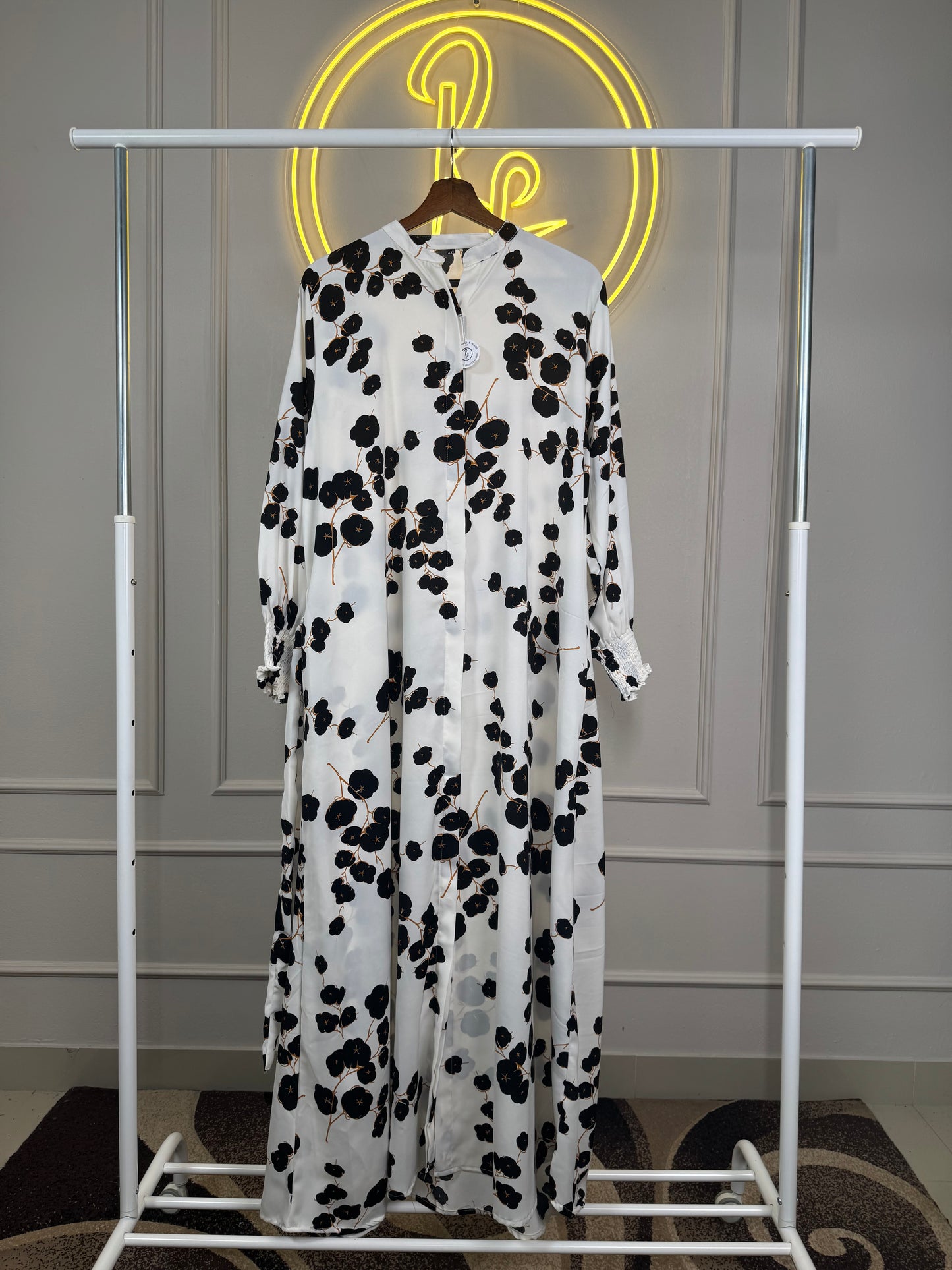 Monochrome Floral Printed Maxi Dress with Chinese Neck – 56” Length | 4XL Size