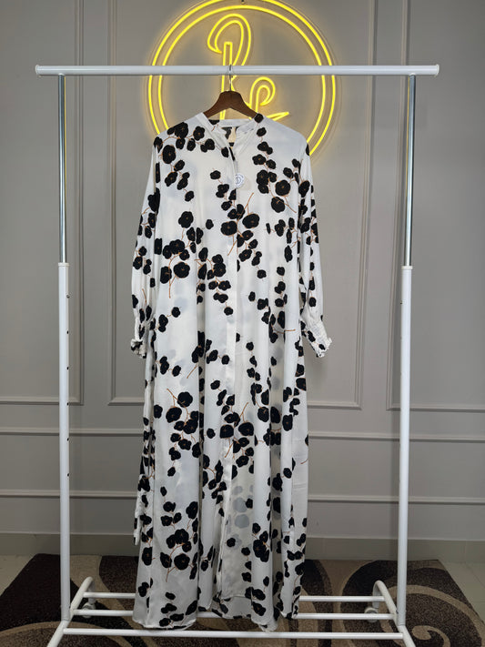 Monochrome Floral Printed Maxi Dress with Chinese Neck – 56” Length | 4XL Size