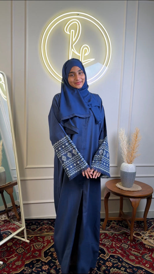 Dubai Imported Linen Abaya with Embroidered Sleeves - Navy Blue