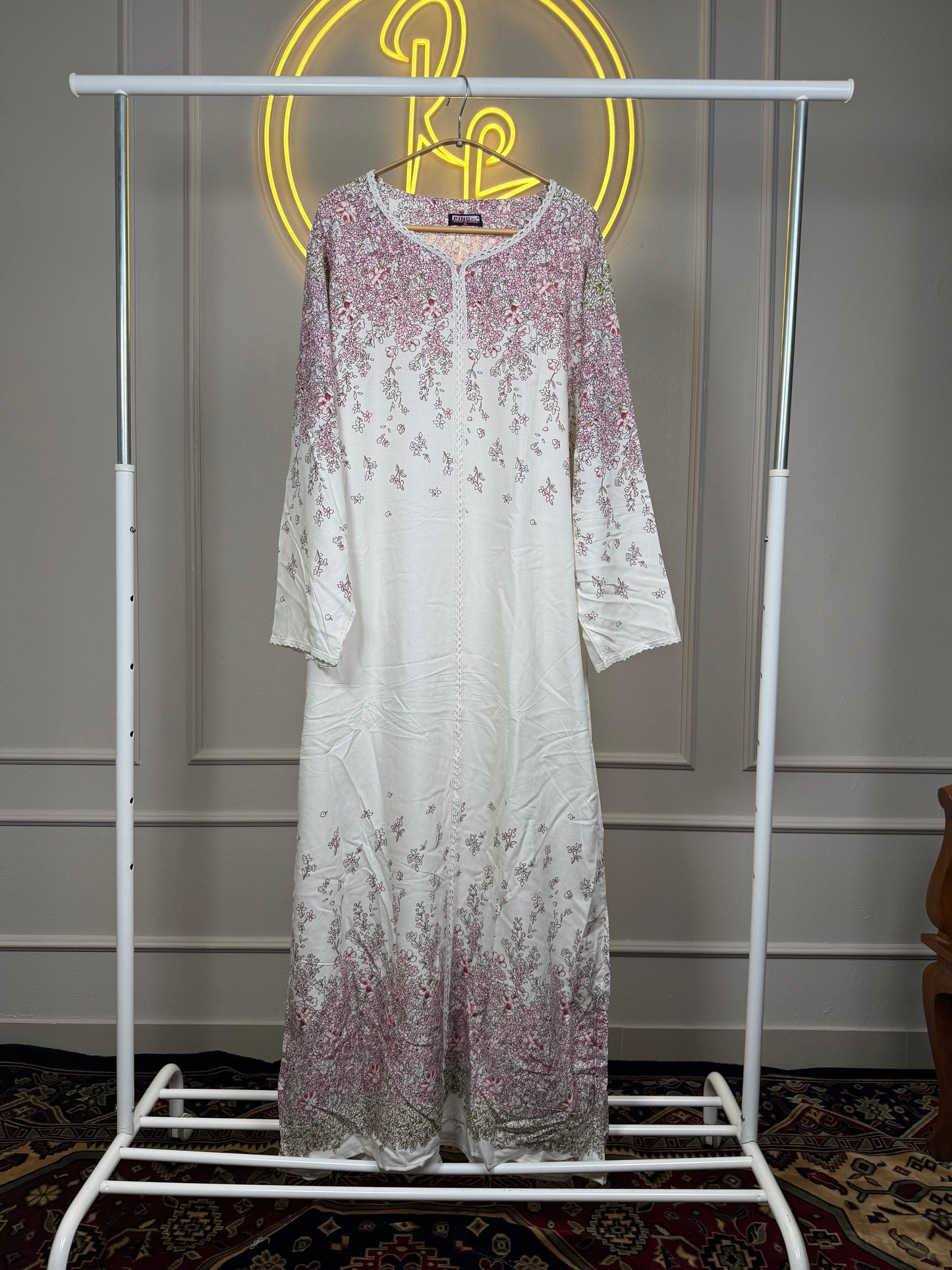 Women’s Printed Dubai Maxi Dress with Lace Detailing – 56 Inch Long Modest Rayon Maxi Fit Up to 3XL