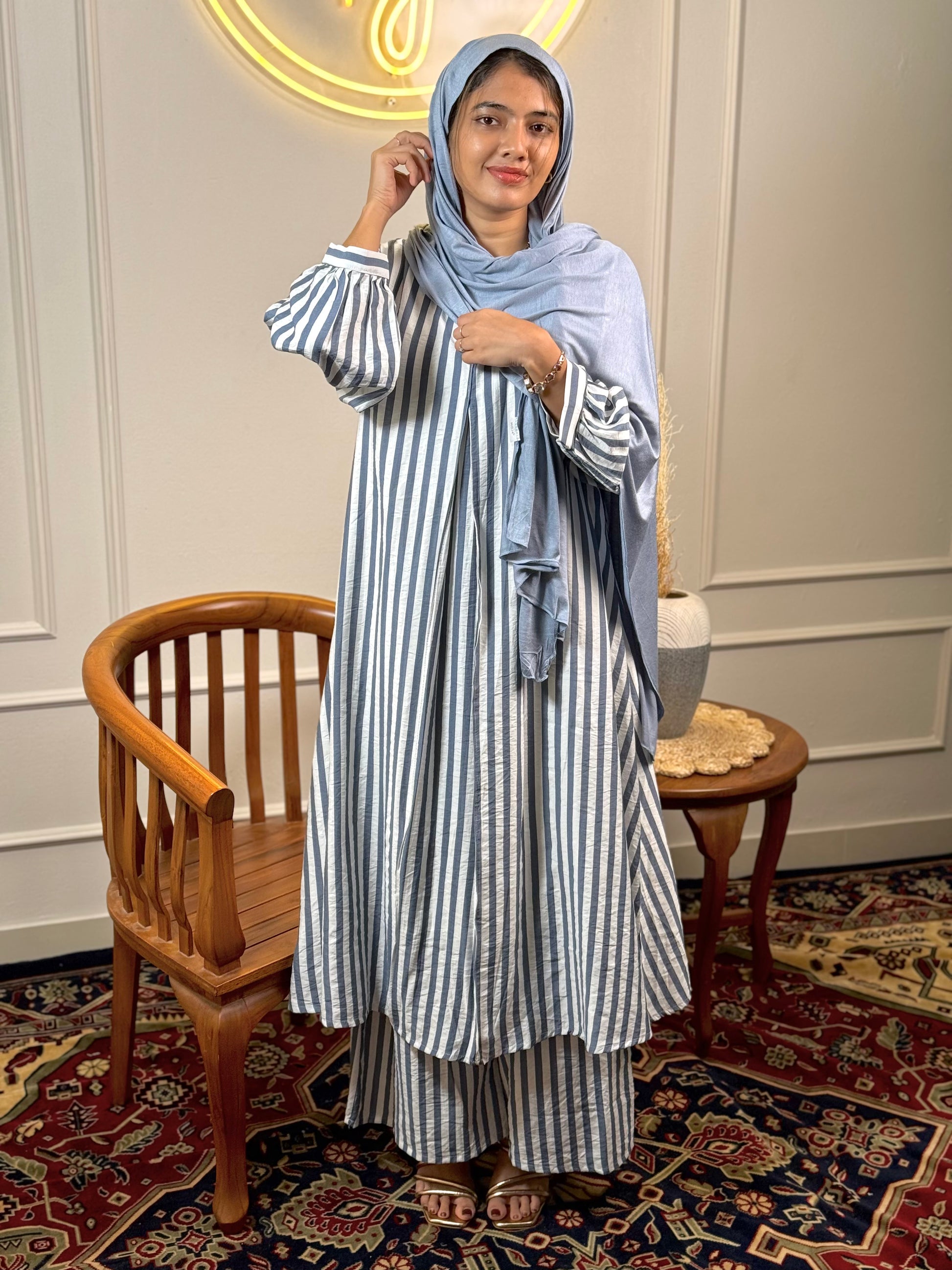 Women’s Striped Cotton Co-Ord Set Imported Cotton Top & Pants Set with Balloon Sleeves, Fit Up to XL - Cord Set - RF Abayas