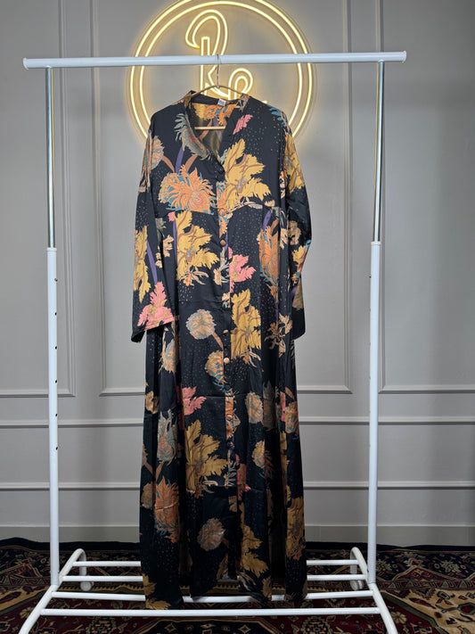 Women’s Floral Printed Satin Maxi Dress – 56 Inch Long Modest Flowy Satin Dress Fit Up to XL