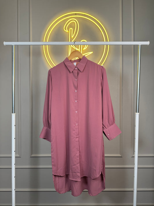 Women’s Pink Up & Down Knee Length Shirt Top – Front Open Modest Long Top in Chinese Imported Fabric Fit Up to XL