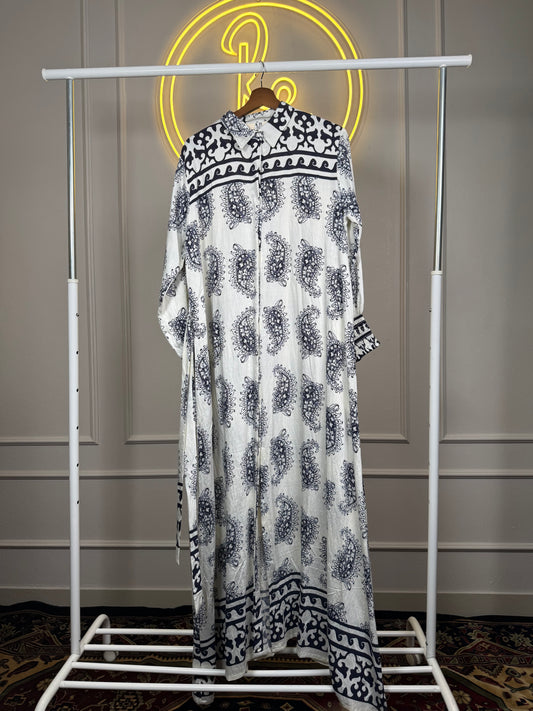 Women’s Printed Cotton Slub Maxi Dress with Smocked Sleeves – 56 Inch Long Modest Flowy Dress Fit Up to XXL - Navy Blue