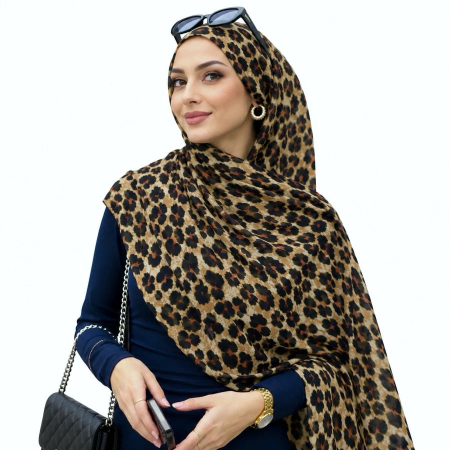 Caramel Leopard double sided animal print chiffon hijab – leopard print hijab scarf 200 x 70 cm | RF Abayas