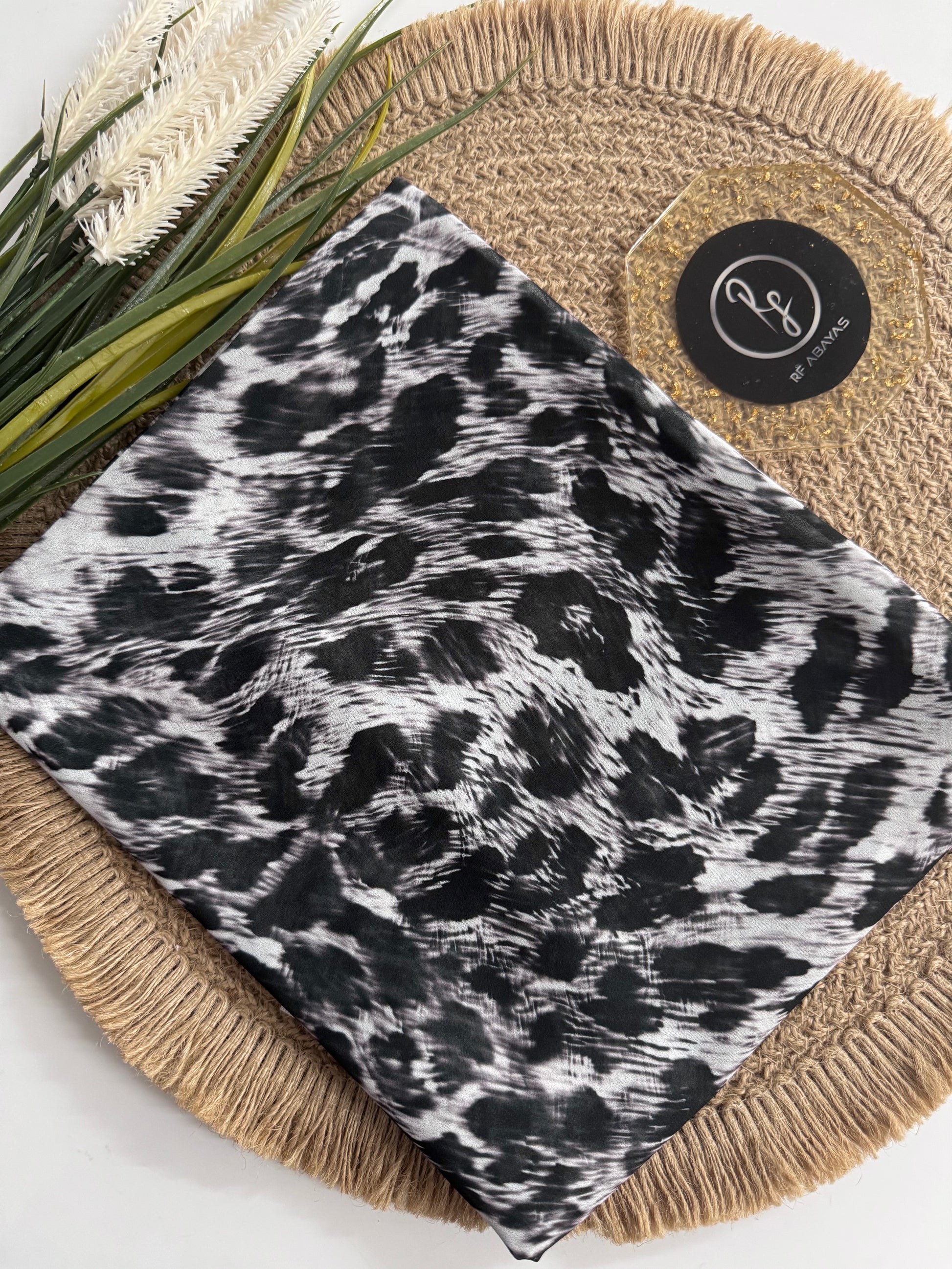 Animal print chiffon hijab by RF Abayas featuring a stylish, lightweight fabric with bold animal pattern for elegant coverage.