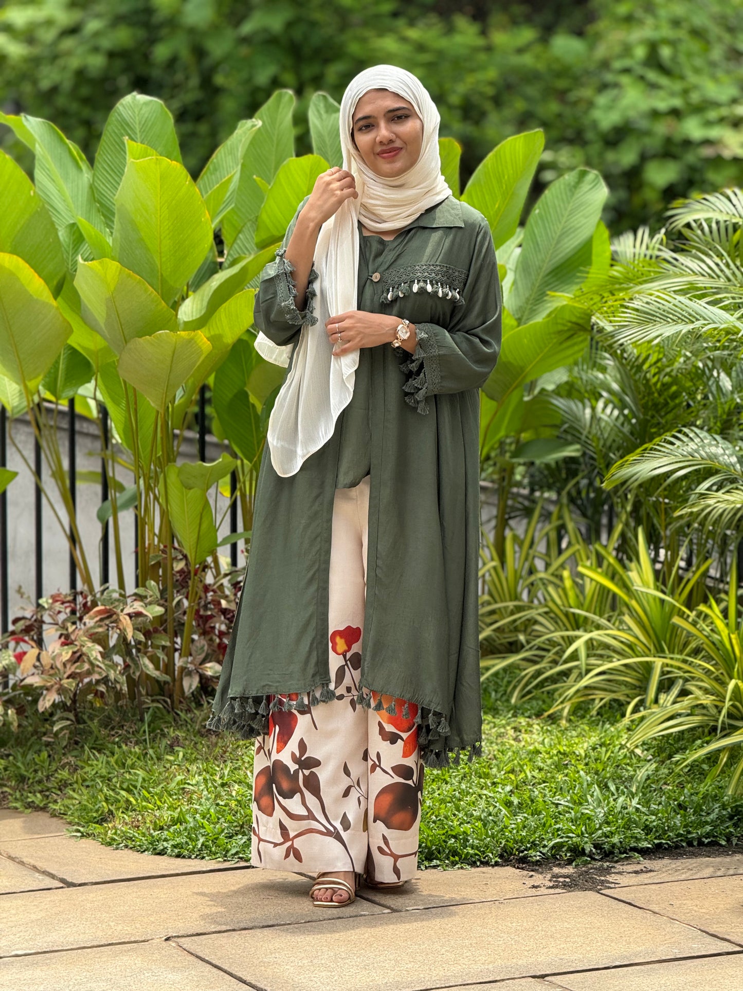 Bohemian Tassel Cord Set with Overcoat – Sage Green