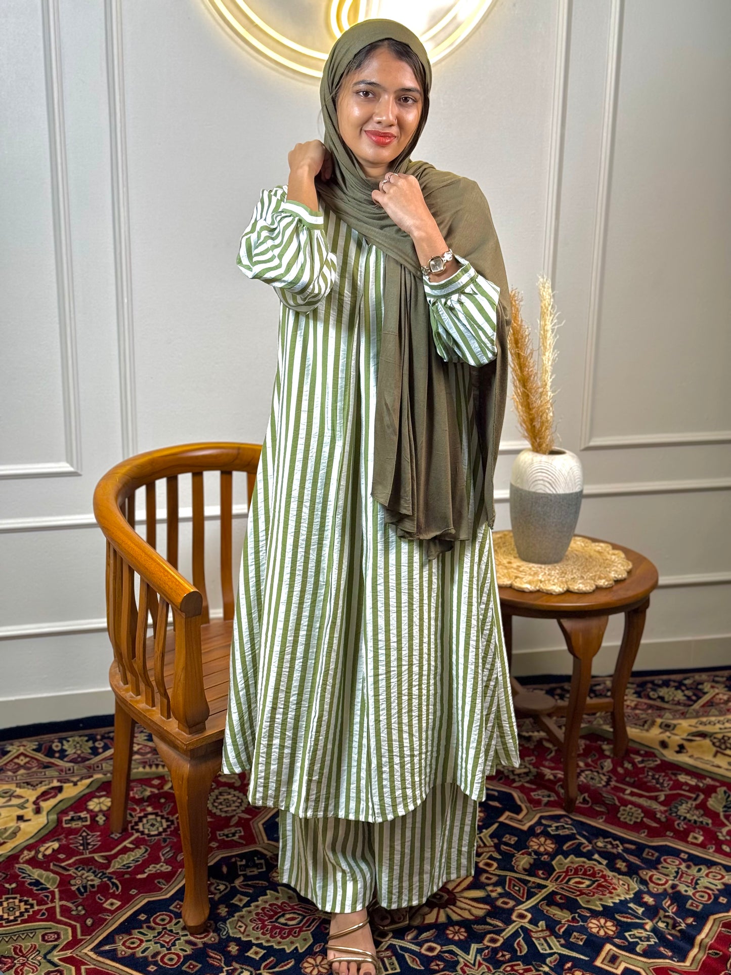 Women’s Striped Cotton Co-Ord Set Imported Cotton Top & Pants Set with Balloon Sleeves, Fit Up to XL - Cord Set - RF Abayas