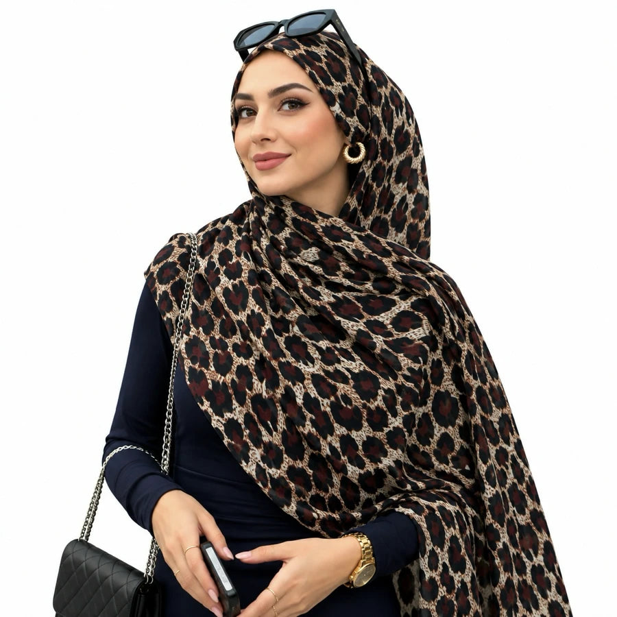 Burgundy Leopard double sided animal print chiffon hijab – leopard print hijab scarf 200 x 70 cm | RF Abayas