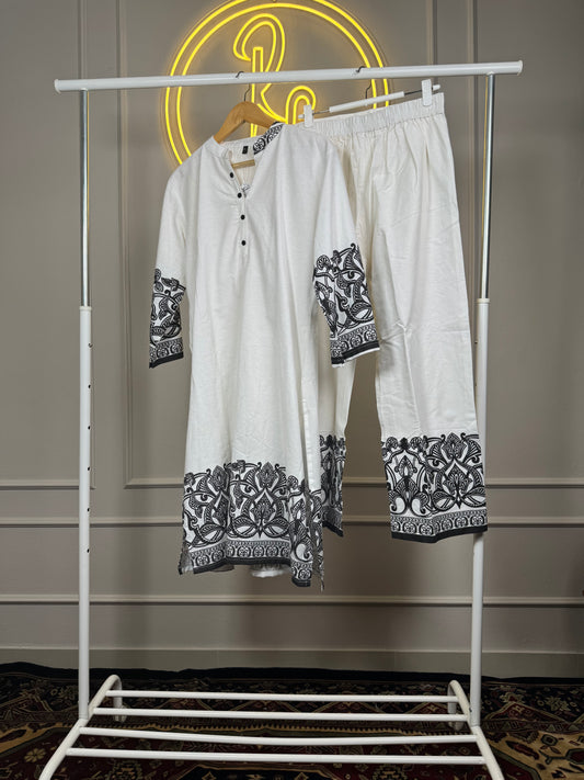 Women’s  Printed White Cotton Cord Set with pocket– 42 Inch Long Top with Matching Pants Fit Up to XXL