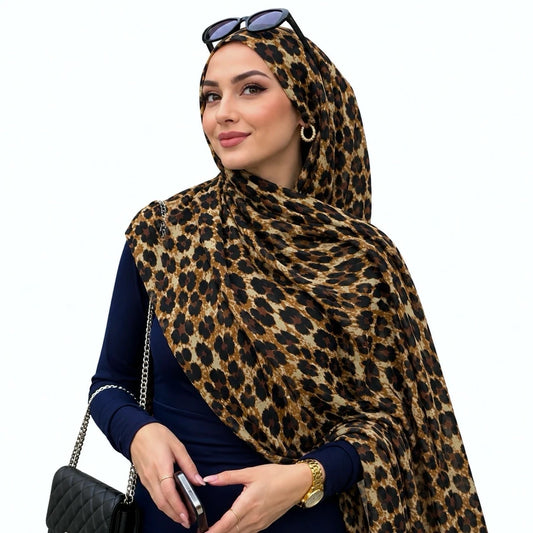 Khaki Leopard double sided animal print chiffon hijab – leopard print hijab scarf 200 x 70 cm | RF Abayas
