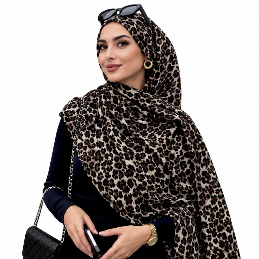 Espresso Leopard double sided animal print chiffon hijab – dark leopard print hijab scarf 200 x 70 cm | RF Abayas