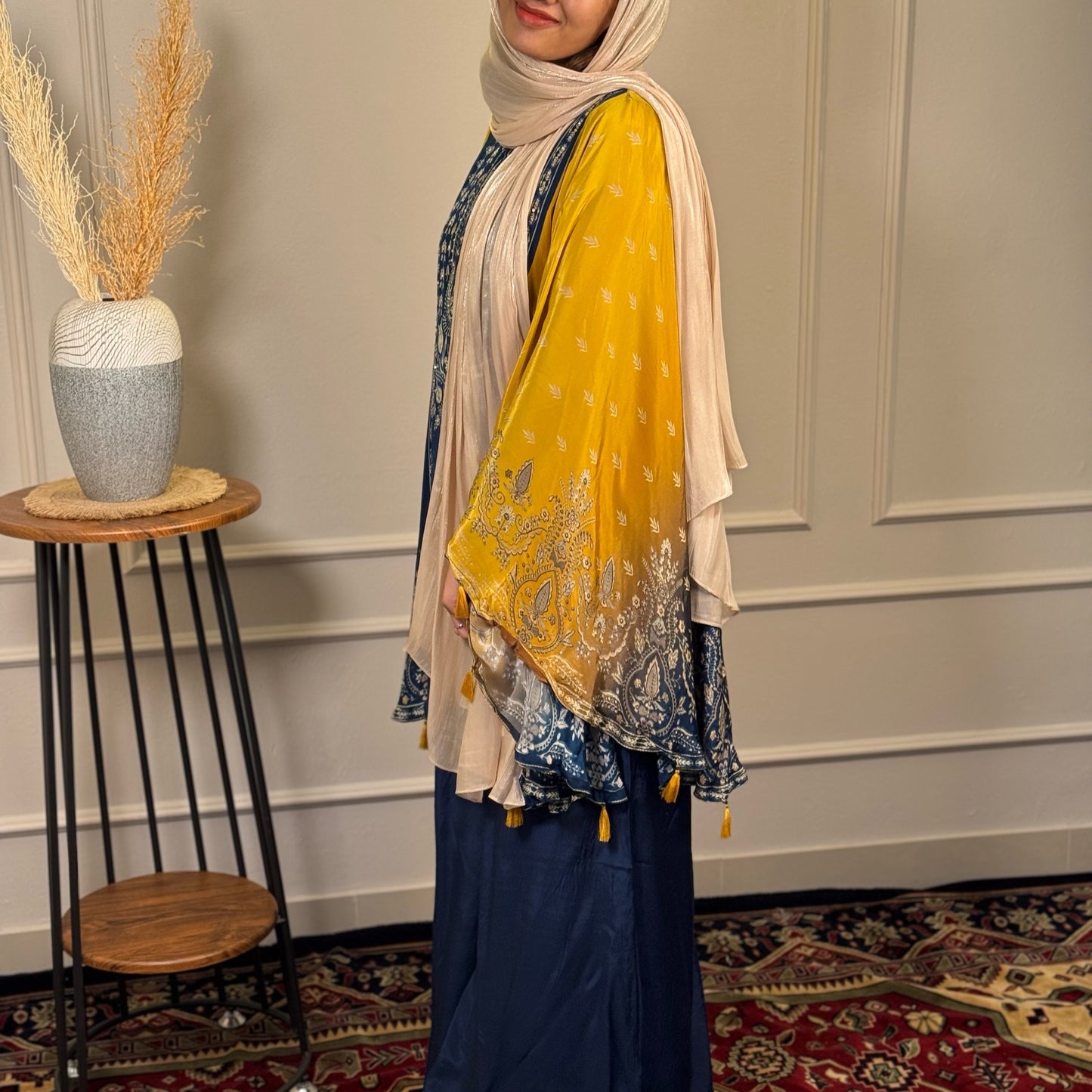 Navy Blue & Mustard Printed Crepe Party Wear Tunic & Palazzo Set