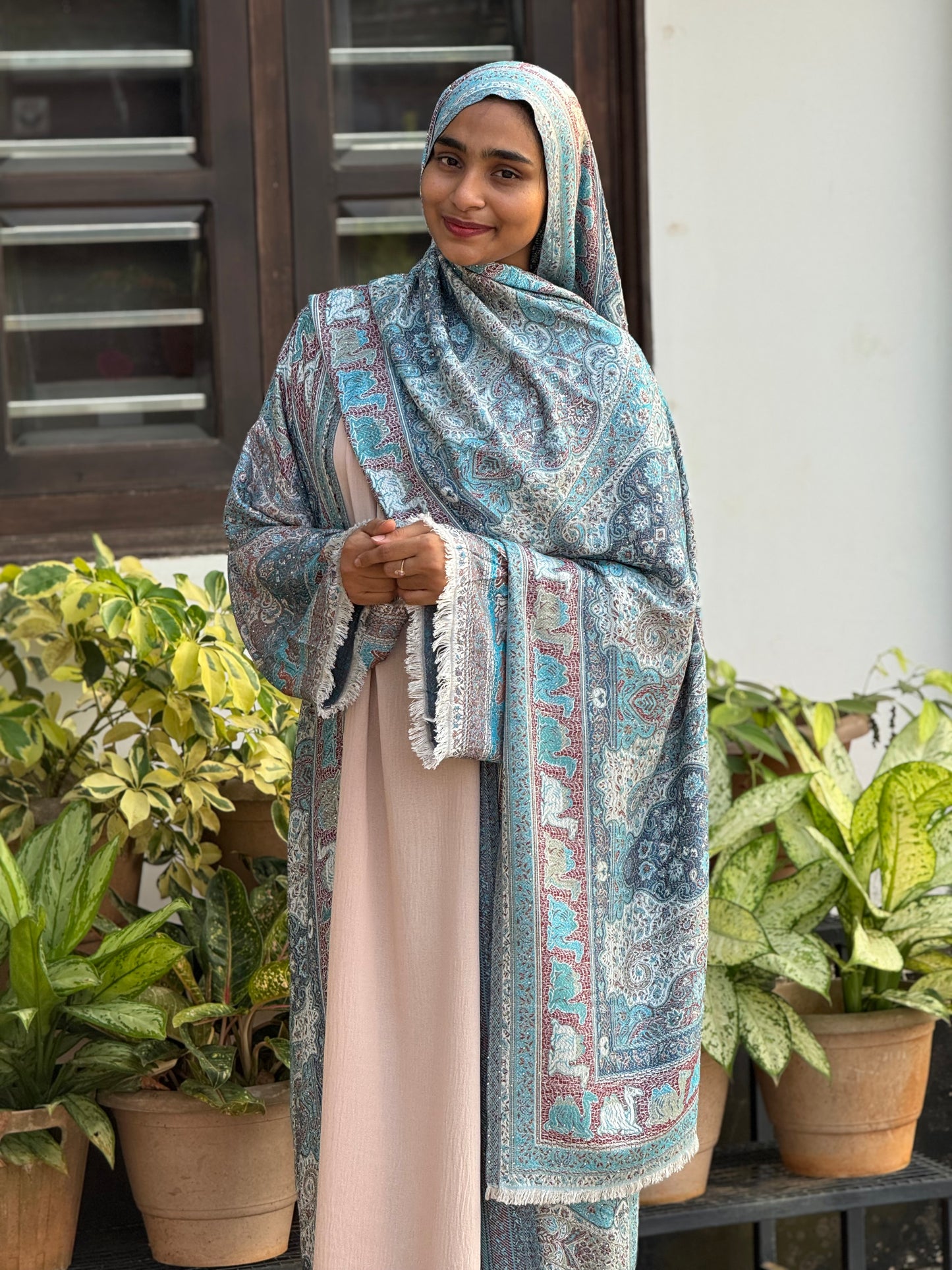 Pashmina Printed Abaya Set with Shrug & Shawl - Blue