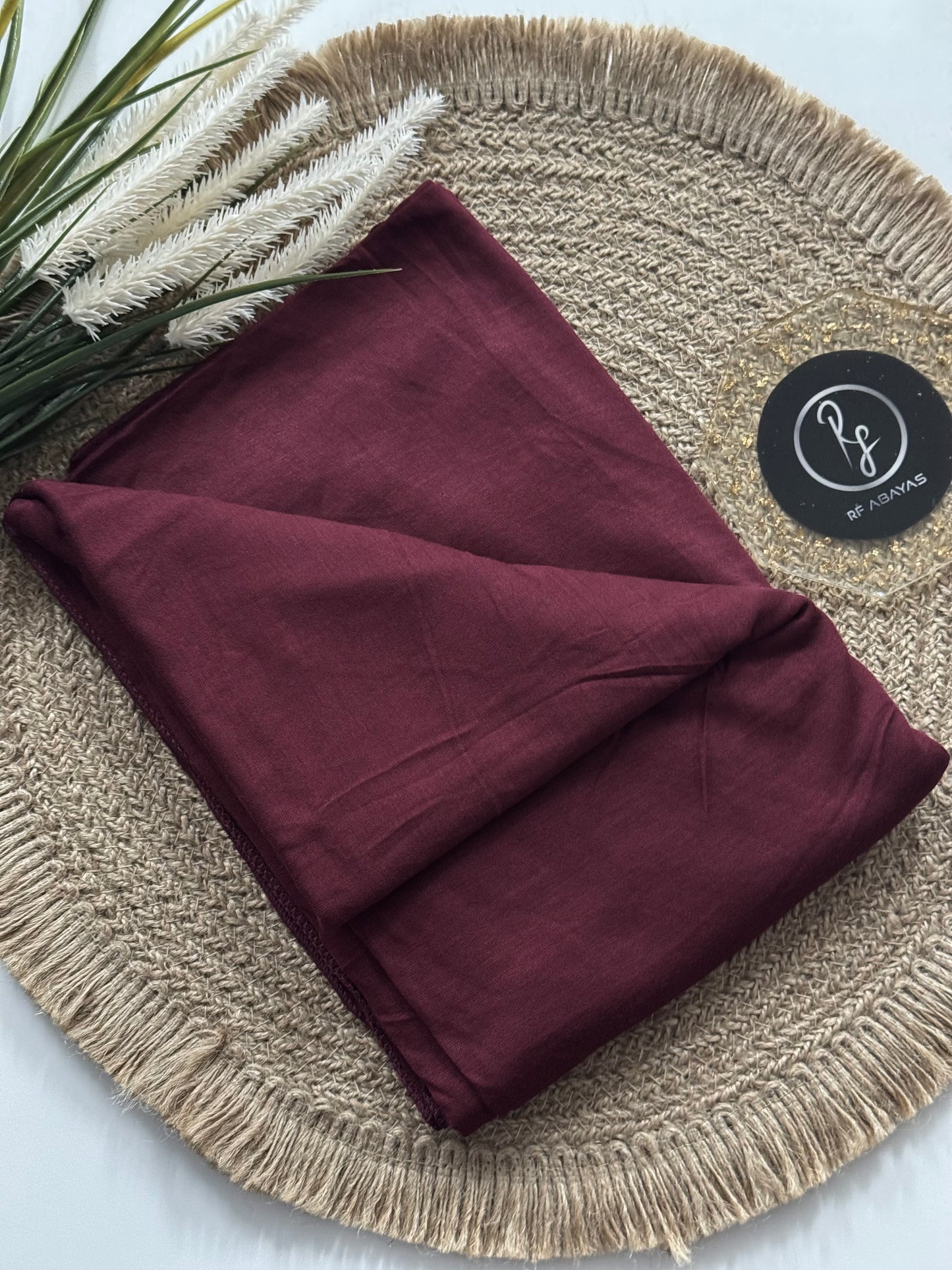 RF Abayas bamboo jersey hijab in soft, breathable fabric, shown in a neutral color, styled for everyday modest wear.