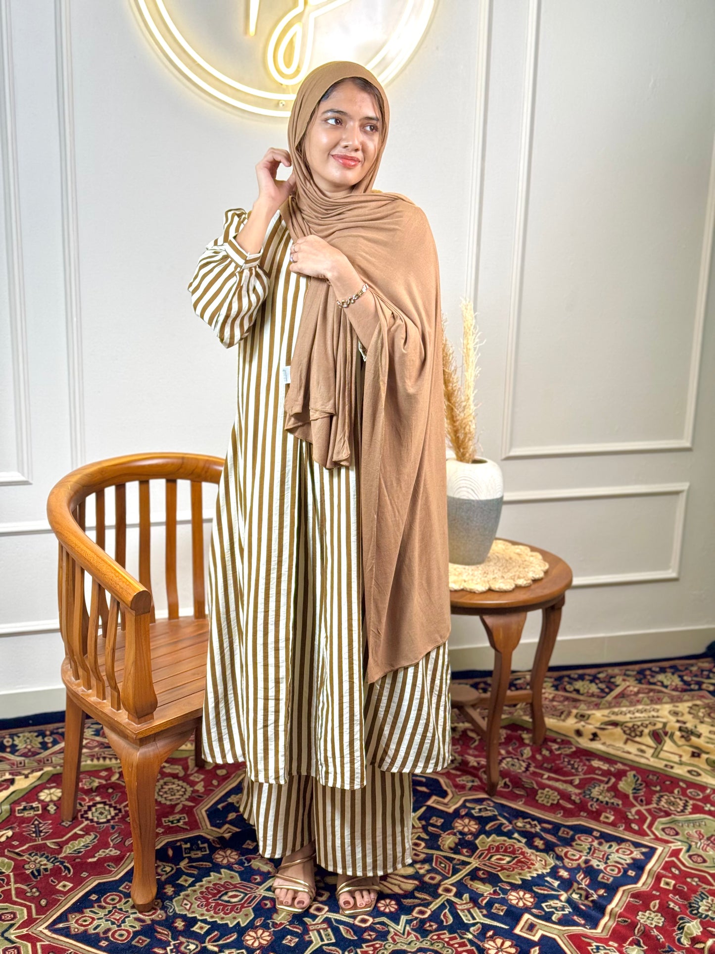Women’s Striped Cotton Co-Ord Set Imported Cotton Top & Pants Set with Balloon Sleeves, Fit Up to XL - Cord Set - RF Abayas