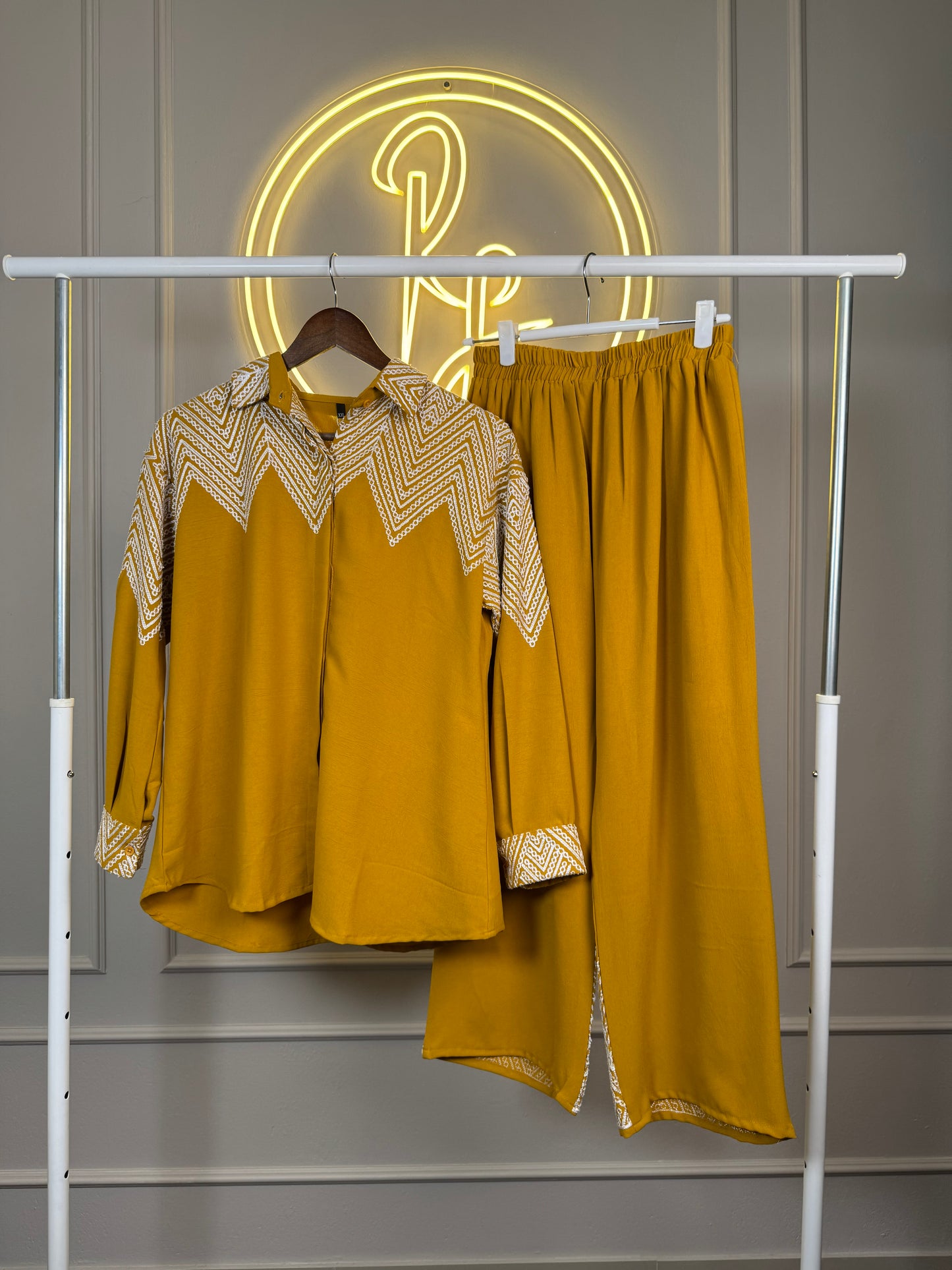 Women’s Mustard Embroidered Cord Set in Imported Fabric – Modest Co-Ord Set Fit Up to XL