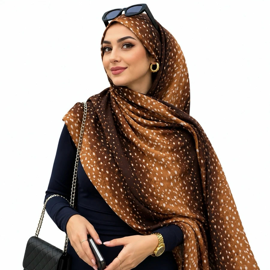 Rust Fawn double sided animal print chiffon hijab – fawn spot print hijab scarf 200 x 70 cm | RF Abayas