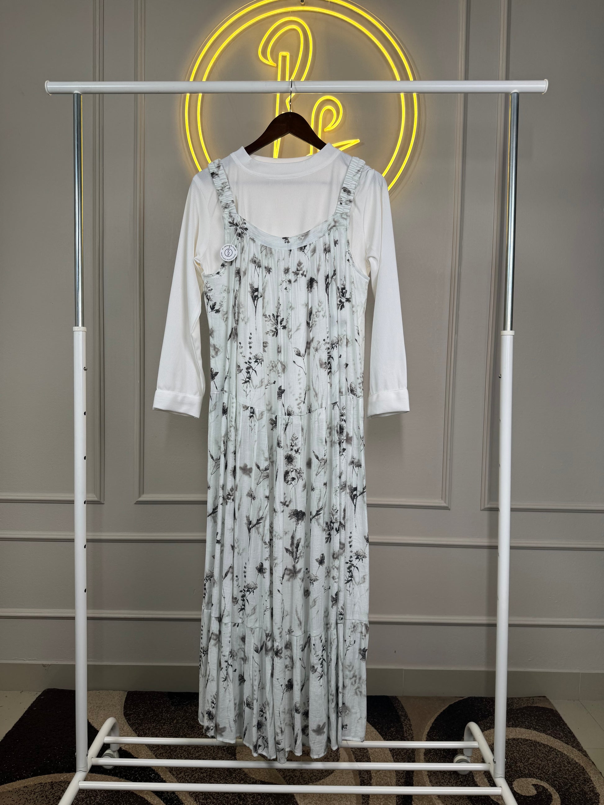 Floral Print Pinafore with Attached Full-Sleeve White Ribbed Inner – 56” Length | Modest Layered Dress - Maxi Dress - RF Abayas