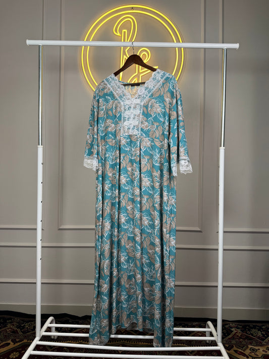 Women’s Floral Print Dubai Maxi Dress with Lace Detailing – 52 Inch Long Modest Rayon Maxi Fit Up to 3XL
