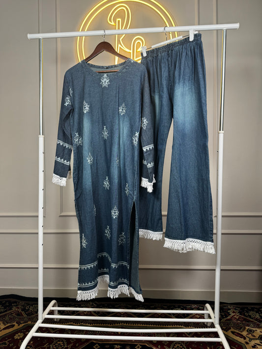 Women’s Embroidered Denim Cord Set with Tassel Detailing – 46 Inch Long Top with Matching Pants | Fit Up to XL