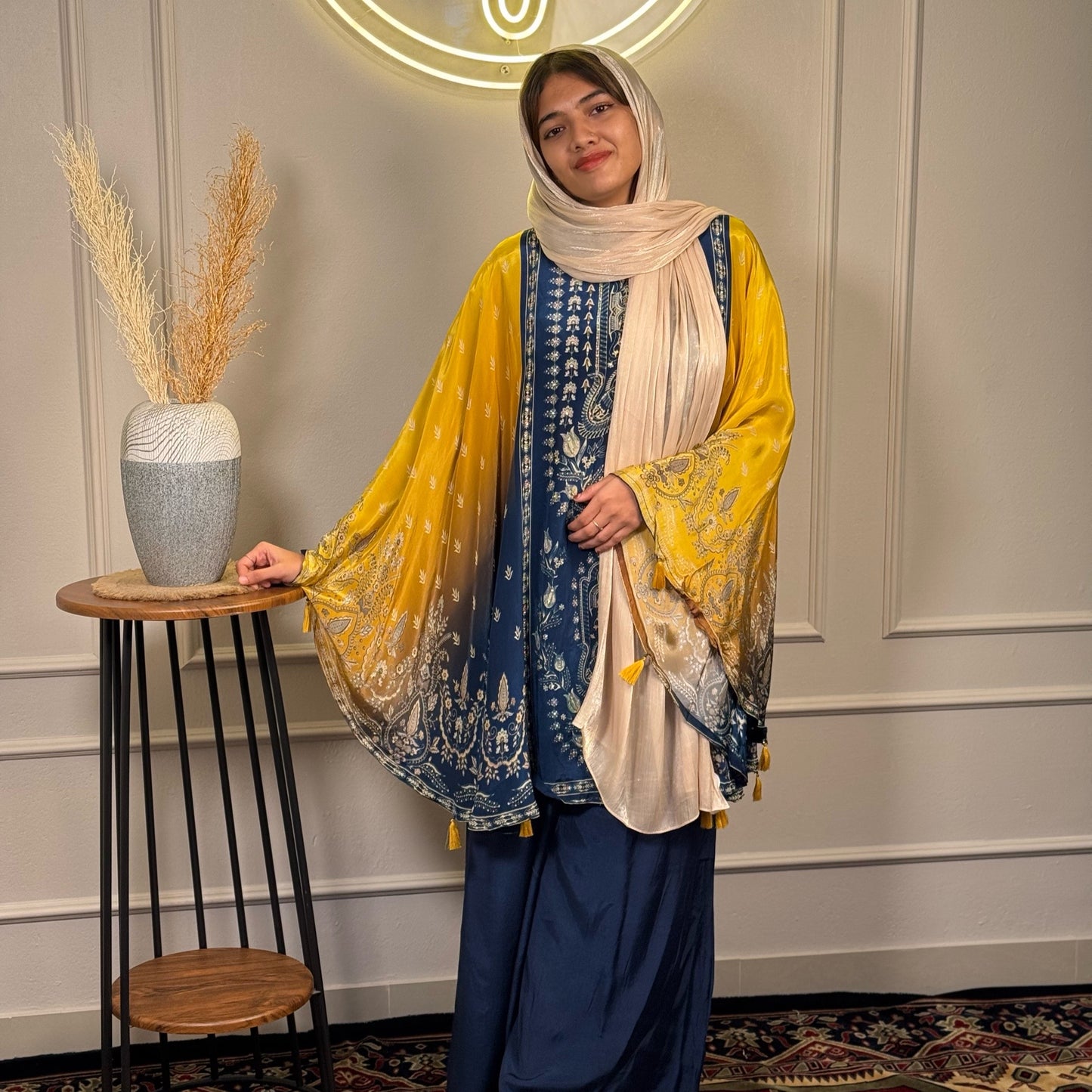 Navy Blue & Mustard Printed Crepe Party Wear Tunic & Palazzo Set