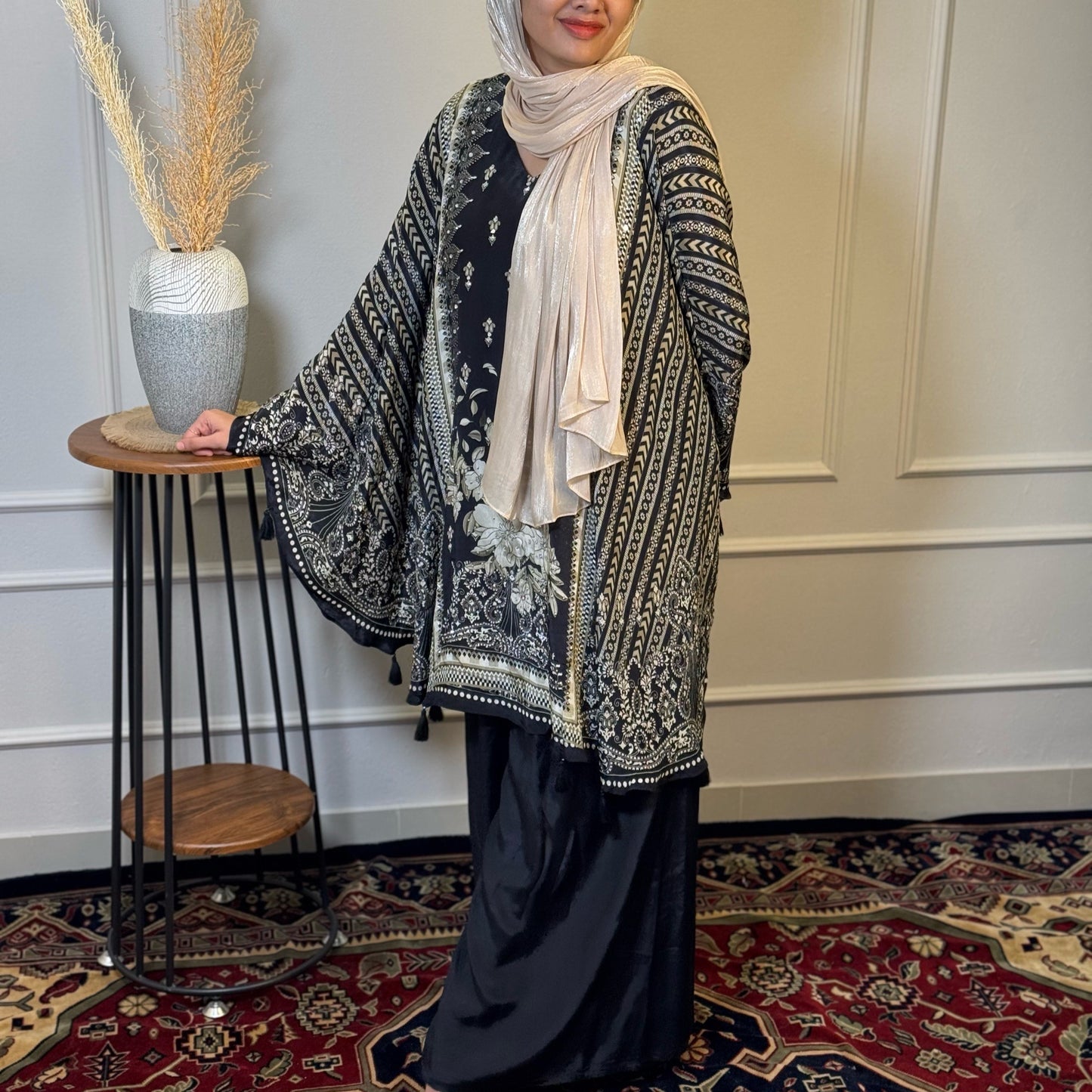 Black Printed Crepe Party Wear Tunic & Palazzo Set with Tassel Detail – M