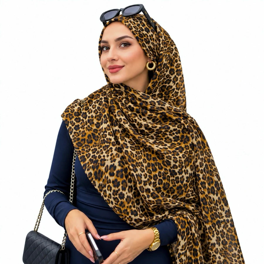 Golden Amber double sided animal print chiffon hijab – small leopard print hijab scarf 200 x 70 cm | RF Abayas
